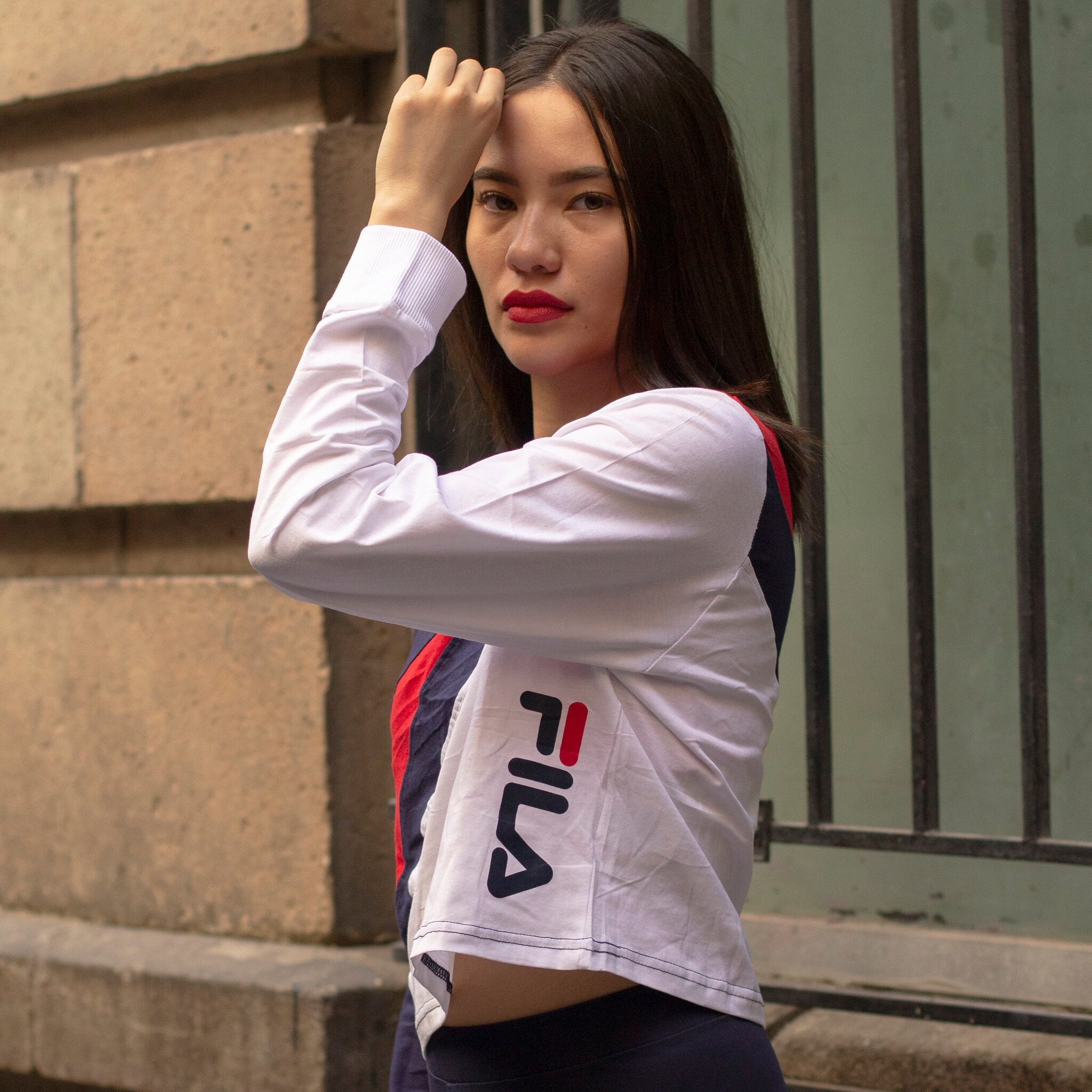 FILA CROP MANG LARG BLAN AZUL RED LINE